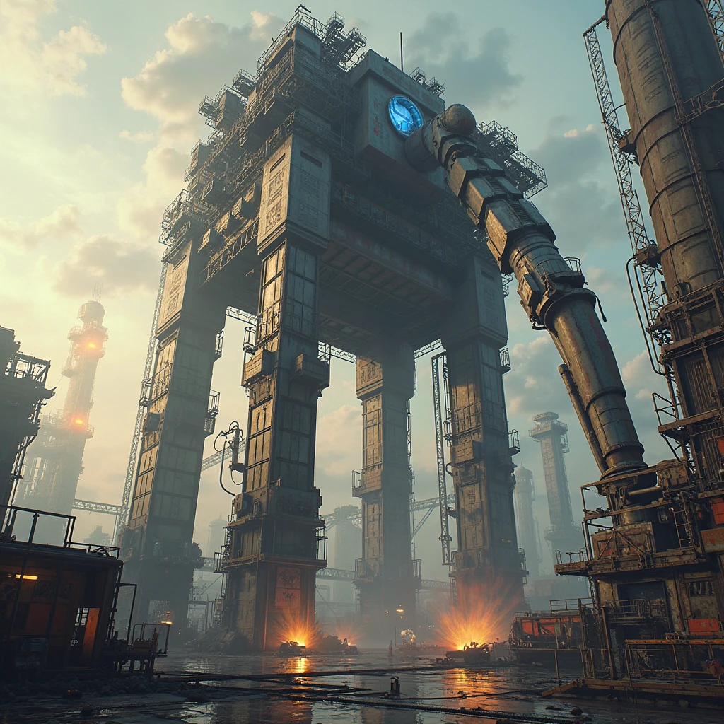 highres, 8k, a worker (girl:1.2), standing on high platform looking down at factory, back, <lora:Industrial punk architecture:0.6> steampunk city scene, industrial pipe, steampunk, cowboy shot