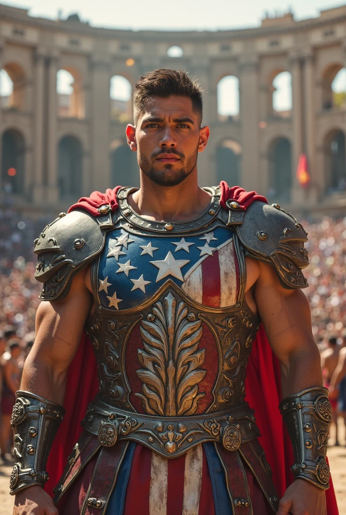 Young cute handsome white face beautiful skinny shirtless with a lion shield in his hand sky red gray, and a red white blue flag