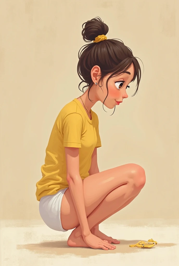 Create a caricature, 4d, detail, of a young woman with exaggerated features. sitting cross-legged on a long wooden chair, her hands forming a V shape, eyes slightly closed and expressive. Her lips are full and painted bright red. Her shoulder-length wavy hair is dark and thick, mouth pouting. wearing a casual green t-shirt. wearing black sneakers with white laces, completing her easygoing style. Her posture is relaxed. She has a nonchalant expression. She also has small accessories, including a