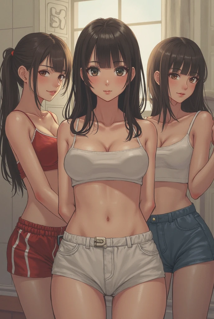 Ultra realistic , three girls, obra maestra, mejor calidad, alta calidad, defined, detailed, HD, (piel morena), ojos definidos, ojos cafes intensos, long eyelashes, small mouth, sonrisa, :D, very long hair, pelo liso, pelo oscuro, cuerpo reducido, bosom barely contained, big breasts, sexy, posando foto, estudio, mini skirt rosa, sin sostenes, no bra, excitada, pezones erectos, libros, sentada, leyendo, nice view, full body, nice body, pink, camisa blanca, camisa ajustada, abierto, mojada, sudada, caliente, tight, sonrojada, nice legs, no socks, sin flequillo, peinada hacia atras, teacher big breasts, pose lasciva, girl changing clothes, petites, no skirts, horny, one prettiest, backwards, mostrar culo, class of human body, teaching body, laying down, massages, dear, kiss