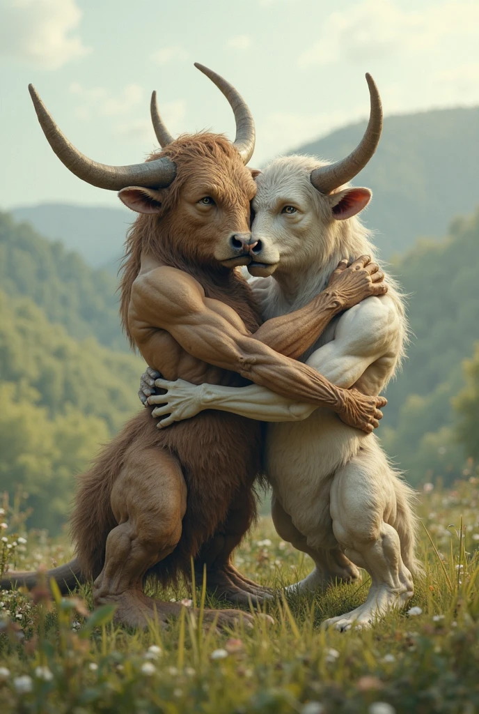 two anthro male tauren bulls, full body covered in fluffy soft fur, big muscular body, big muscular chest, volumetric abs, sensual, detailed, uploaded to e621, beautiful and detailed portrait of two anthropomorphic tauren bull males, kenket, ross tran, ruan jia, zaush, foxovh, bare chest, outdoor natural setting, mulgore, plains and mesas, large mesas, nighttime, stars, thunderbluff city on a mesa in the background, thunderbluff in the background on a mesa, full body, long bull tails, depth of field, thick powerful thighs, handsome faces, strong jawline, handsome face, soft detailed eyes, lovers, holding each other close
