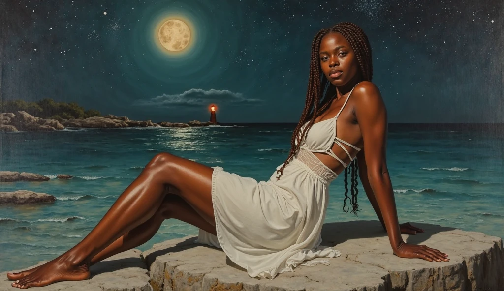 A nude, muscular, dark-skinned woman with long, wavy golden blonde hair standing on the shore of a tranquil lake in a starry night setting