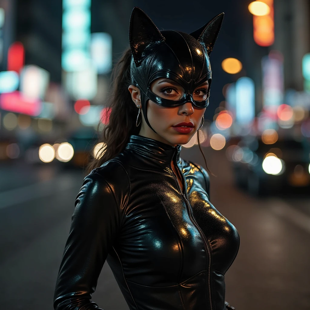 1 girl, Catwoman in a ripped latex suit sitting on a rooftop at night in a village, natural breasts, sexy pose, provocative pose, What If Marvel Series Style, Marvel Cartoon Style, Marvel Style, 2 legs, 2 arms, (((in village)))