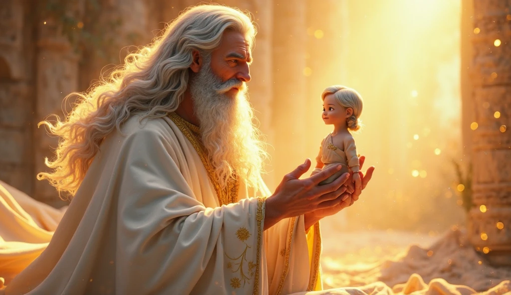 (master part, absurderes, highres, ultra detaild), 1 men, handsome God Almighty, wavy blond hair, grown-up, blue colored eyes, white beard, male focus,Face pretty, white robe clothes, enchanting, Lovely, detailed eyes and face, 32K UHD, RAw style, in the garden of eden, gigantic God, holding 20 years old Adam in his hand, Adam has an athletic body but is has tiny as God's little finger but has the body of a 20 years old male.