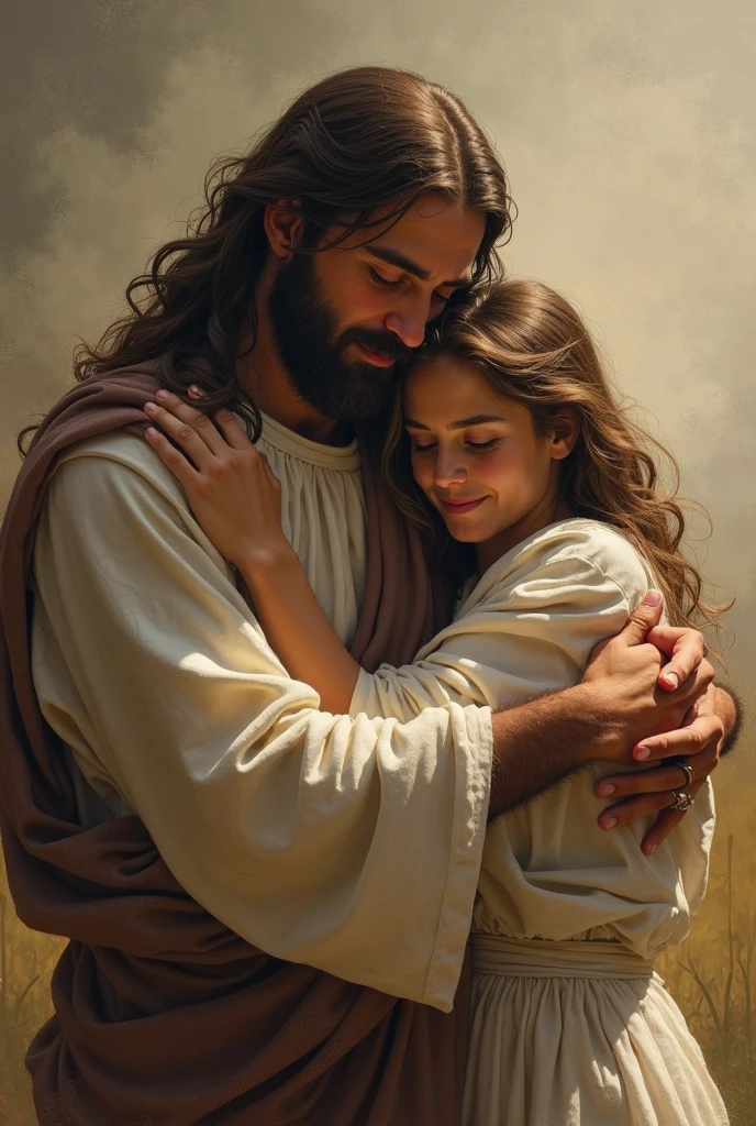 jesus, with a crown of thorns, is in heaven lovingly hugging a child. The background is serene and heavenly, with soft clouds and a radiant light that illuminates the scene. O olhar de jesus é gentil e cheio de amor, and the child smiles with confidence and joy. The atmosphere is one of peace and comfort, reflecting a moment of deep connection and compassion."