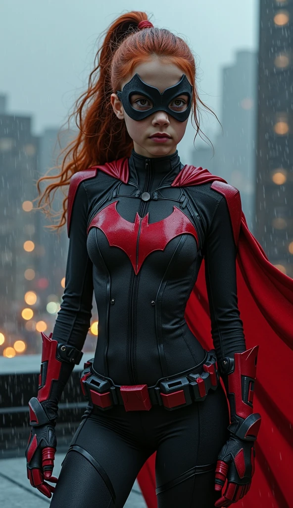 (((from below))), a petite woman with messy orange hair wearing a red batman mask in a burning bulding surrounded by fire, masterpiece, best quality, 1girl,batgirl, atmospheric scene, (detailed beautiful face, detail skin texture, ultra-detailed body:1.1),, ((extreme skin detail)), hdr, ((ultrarealistic)), (((messy orange hair))), medium breasts, (((clothed nipples))), iridescent (((bright red bodysuit))), (((batman logo))), (((torn clothes))), ((stand on her knees)), ((looking up)), (((crying))), (((sad))), shocked, ((sweaty)), (((mascara running))), (((dark eye make up smeared))), red cape, utility belt, clothed nipples, camel toe, black lit, (((fire)))