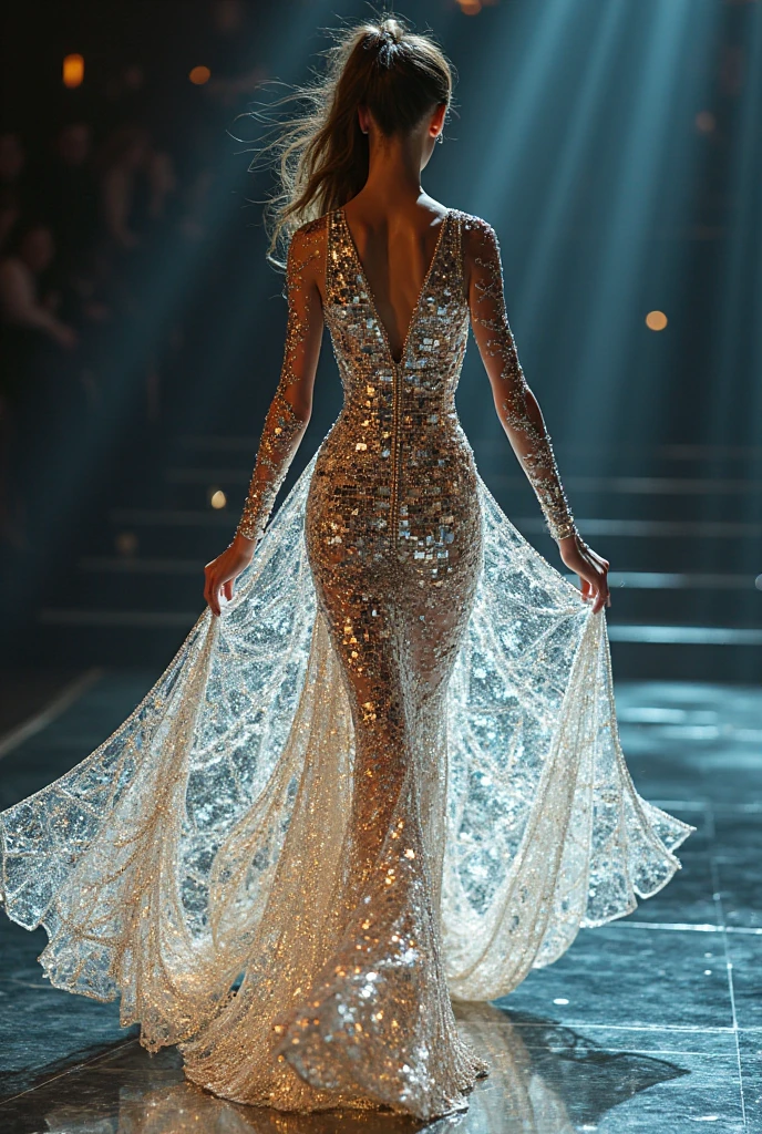 Miss universe, silver evening gown with silk shawl at left and right, at miss universe stage, wear crown, elegant, beautiful, slim, don't smile, sexy vibes. Sharp eyes, cool, bold make up. Cignature sexy pose