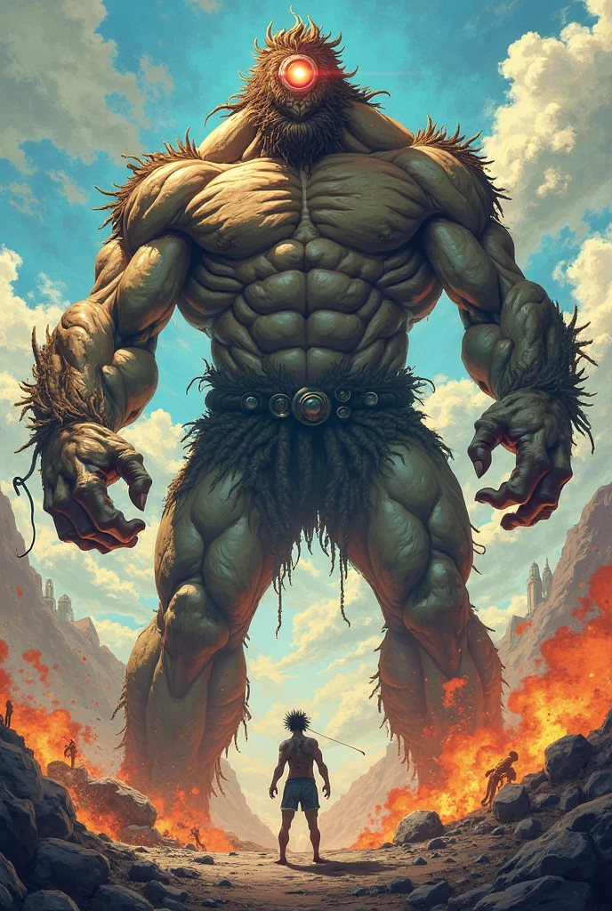 view of the forest with a giant in the middle, giant in the middle of the forest, destroyed forest, The giant had long curly red hair, was naked, Very angry giant, very tall, 100 feet tall, full body version Giant, (the Giant is ??? boy), (one piece style art), ultra detailed, hd, motion blur, lighting 