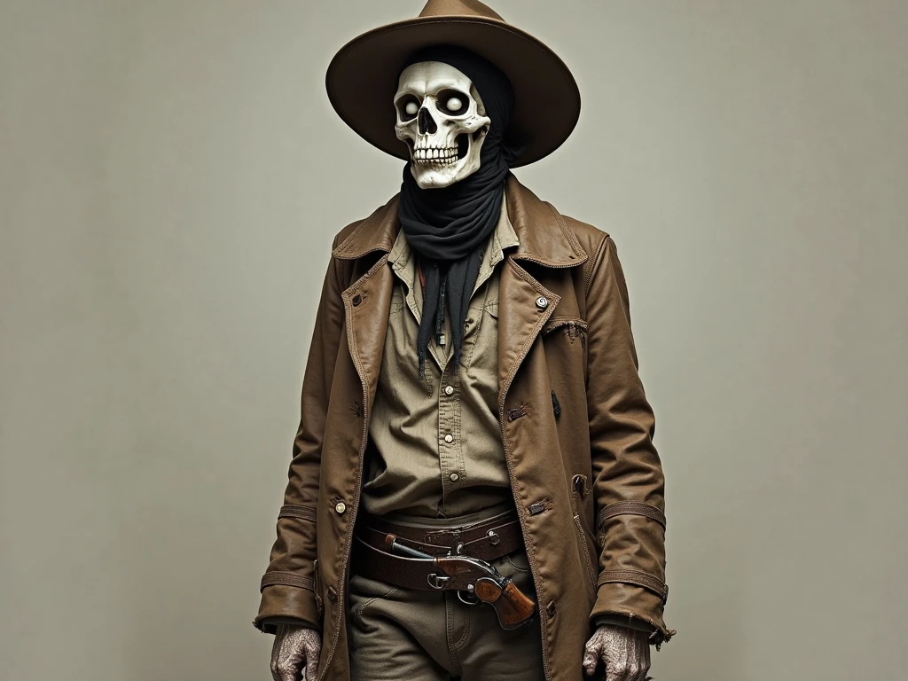 Man in cowboy outfit with hat on his head and bag on his back with skeletal face 