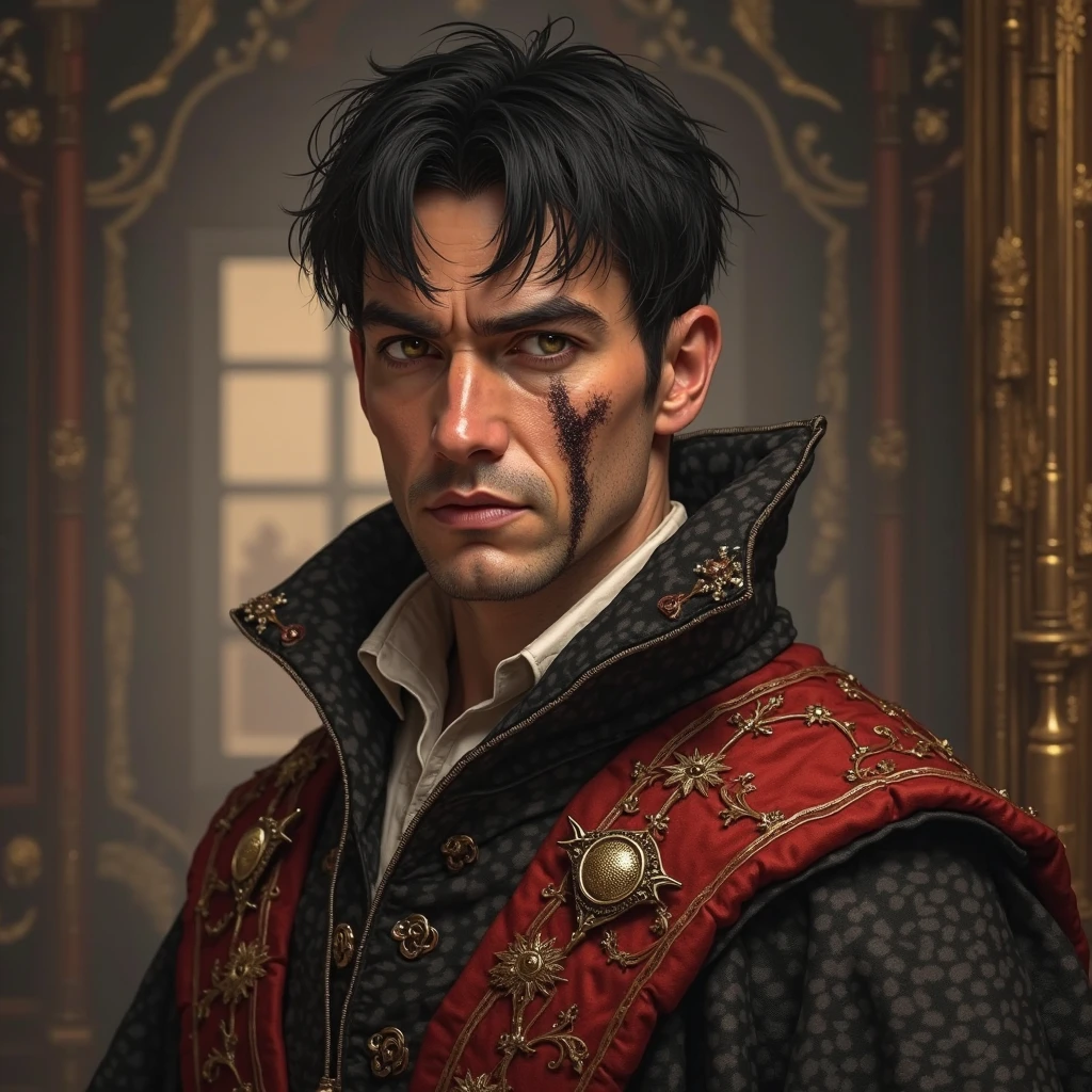 (masterpiece, top quality, best quality, official art, detailed:1.2), <lora:eskel:0.7>, eskelW3_soul3142, solo, looking at viewer, black hair, 1boy, yellow eyes, male focus, scar, slit pupils, portrait, scar on face, realistic