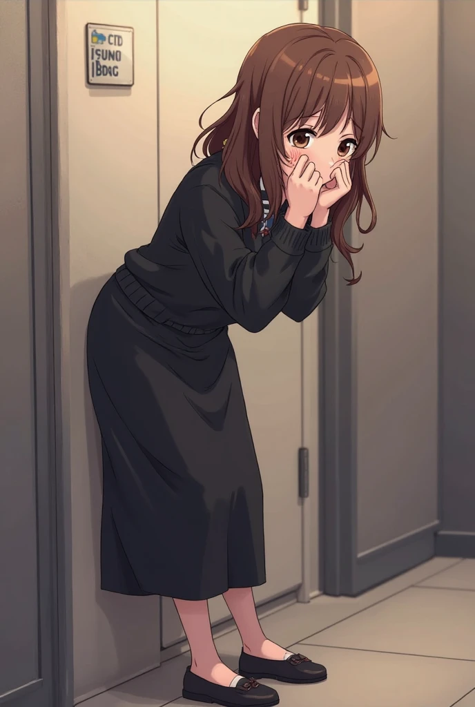 (ultra-detailed, best quality, anatomically perfect body), (small breast:1.3), shiny skin, (Various girls), girls from 15 to 25 years old, (have to pee:1.1), (urge to pee:1.3), (very desperate to pee:1.2), bladder full, (restroom entrance), waiting for restroom with line of girls in queue, (standing), (Each one has a different winter tops), (Each one has a different winter maxi skirt:1.5), (Each one has a different winter footwear), (Each one has a different hair), various bag, (knees together and feet apart:1.3), (Rub each other's thighs:1.3), leaning forward, (hand in panties), (hand between legs), (holding the crotch:1.3), (Stroke your own lower abdomen:0.9), (Stroking one's own thighs:0.9), (nose blush:1.3), (embarrassment1.4), (impatience:1.6), (flustered:1.4), (fidgeting around:1.1), (flowing sweat), (parted lips), (erotic body twist:1.4), (breathless:1.2), (closed eye:0.9), looking away, crisis, (from side:0.6), (from below:0.4),