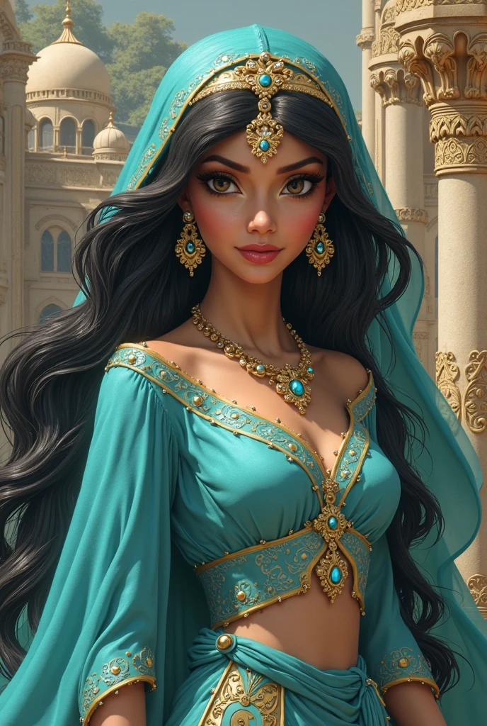 A closeup of a woman wearing a green and gold scarf, arabian beauty, Beautiful Arab woman, middle eastern skin, arab princess, arab inspired, Princesa persa, mulher iraniana bonita, young middle eastern woman, Orientalismo, mulher linda, the Middle East, portrait of bedouin d&d, Rainha persa, Olivia Culpo como Milady de Winter
