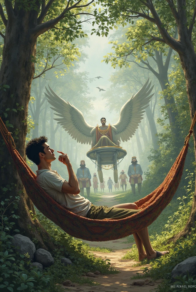 Man in underwear reading a book on a cloud , while a dragon with a centaur take tea.