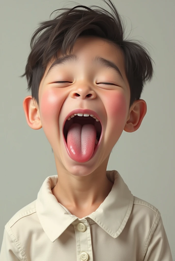 There is a little boy sitting on a chair sticking out his tongue, sticking out his tongue, sticking out his tongue, licking his tongue, long tongue, licking out, tongue, big tongue, slimy tongue, soft coaxing tongue, chin and tongue, silly face, cute silly face, silly playful face, tongue with tentacle shape, mischievous expression, cartoon image