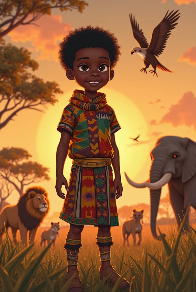 a five-year-old child, black man with the shirt of Brazil in the middle of the forest sitting with his legs entwined and with his hand on a jaguar