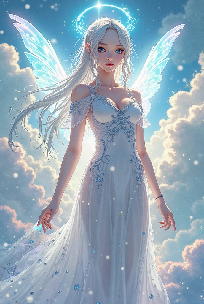 Celeste, "Celestial or Heavenly", Deity, Kind, Compassionate, Warm & Welcoming, Intelligent, Celestial Powers, Light, Platinum White, Long Down Wavy Princess Braid, Ice Blue, Off Shoulder Divine White Goddess Dress, Celestial Glowing White Halo, White Feathered Angel Wings, Coral Pink Lipstick, Beautiful Detailed Smile,