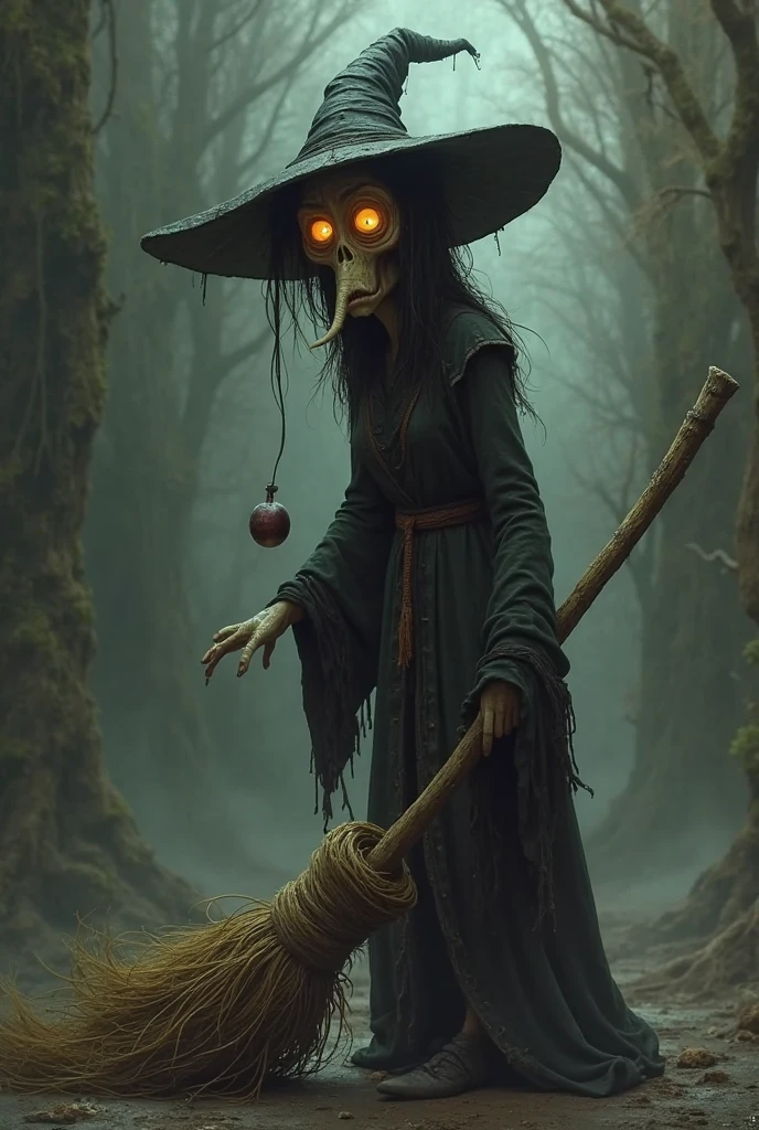 The witch in a state of diminishing power, surrounded by fading magical effects. Her dark, sinister aura is weakening, and the atmosphere is becoming less ominous.
Use high resolution cartoon image with face restoration.