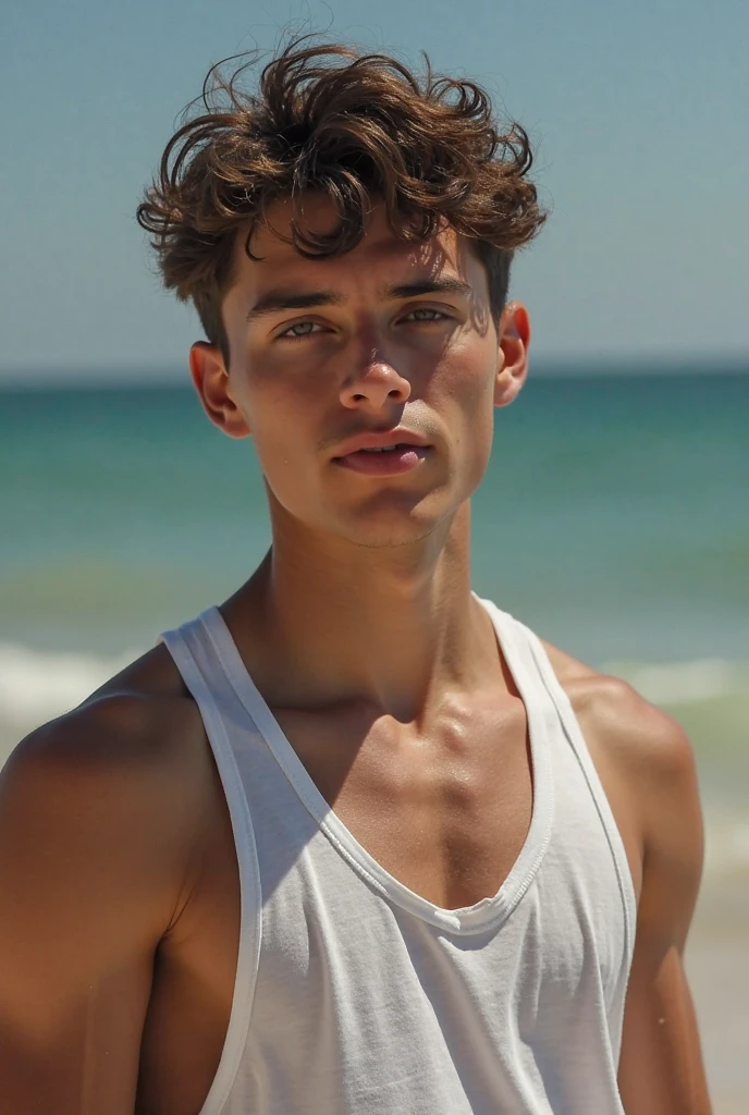 Hot man, light blue curlyhair, yellow eyes,smilling, in the beach.medium.body