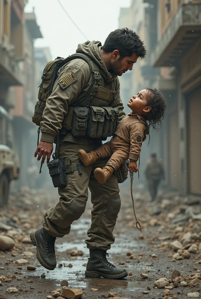 A child crying at the feet of a soldier with glasses and a beard, holding a shotgun. This is in the Call of Duty Mobile environment.