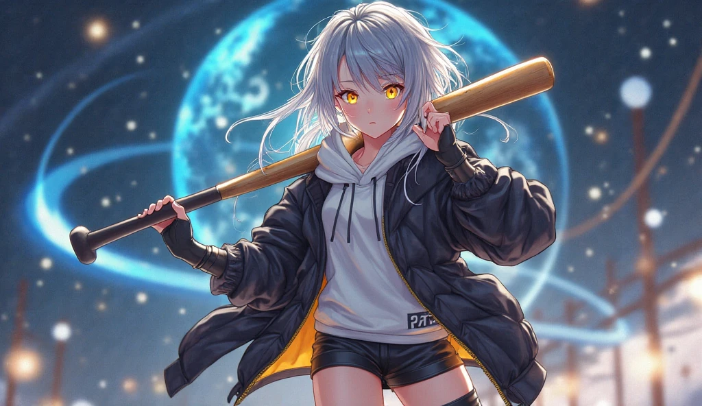 (masterpiece, best quality), 1girl, short gray hair, blue eyes, ((dark skin:1.4)), yellow oversized jacket, white tank-top, bike shorts, black beanie, bandolier, patch, holding baseball bat, night city background