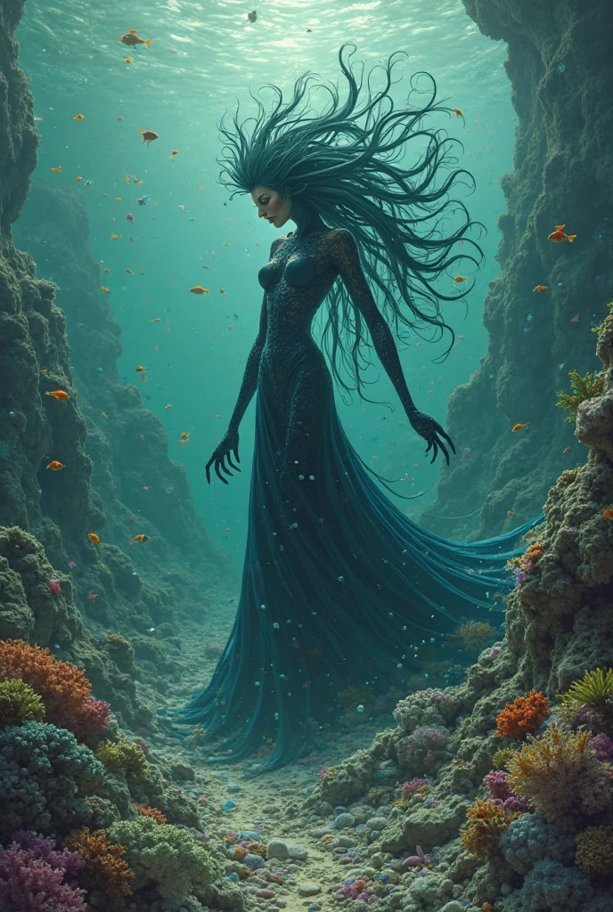 A surreal underwater scene in shades of blue, featuring a scarry mermaid amidst haunting elements like skulls, a dead body, and necrotic bacteria. The scene combines realism and surrealism, crafted in vector art with bold and sharp lines. The dark art theme is accentuated by the use of deep blues and contrasting shadows, creating an eerie, high-quality visual experience. The design focuses on the horror aspect, with a blend of macabre and surreal imagery, set in a haunting underwater environment.