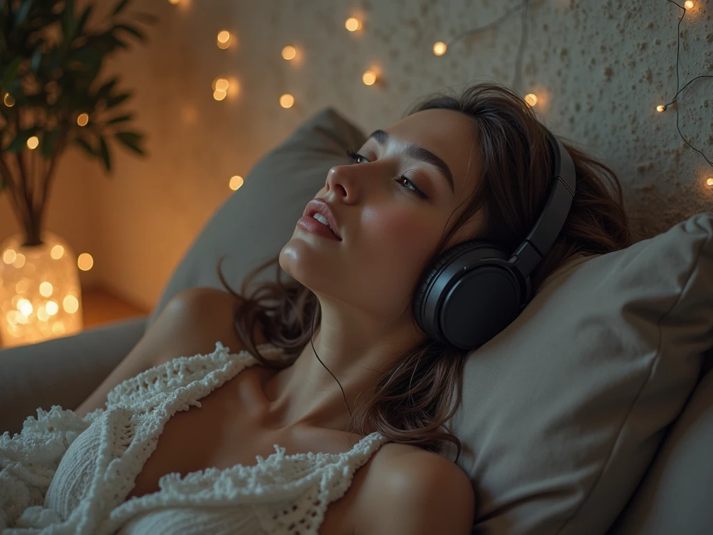 Beautiful blonde with big breasts in a black dress (Sleeping in a bed in a room late at night),Wearing headphones,Very detailed, 21 years old, Innocent face, Naturally Wavy Hair, blue eyes, High resolution, masterpiece, highest quality, Intricate details, Very detailed, Clear focus, Delicate skin, practical skin texture, texture, Delicate eyes, Professional, 4K, Cute Smile, Shot with Canon, 85mm, Shallow and deep,  Kodak Vision Color, Exactly, Very detailed, photograph_\(Extremist\), photographpractical, practical, Post-processing, Maximum details, Roughness, Real Life, Extremist practical, Photorealism, photographgraphy, 8K Ultra HD, photographgraphy