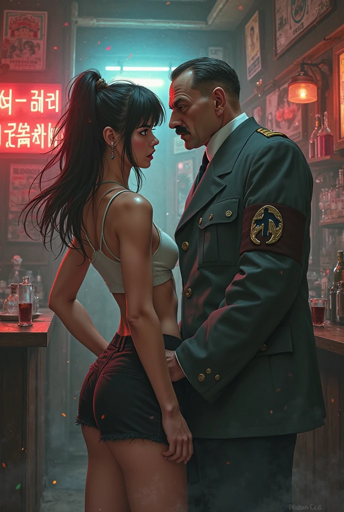 Best quality, mature woman, giant ass, thick muscular thighs, wide hips, very curvy, tanned skin, styled high ponytail, pear green eyes, full lips, seductive, sly smile, thigh high black dress, ribbon in hair, thick thighs, curvy physique, normal guy, guy is pressed against girl from behind