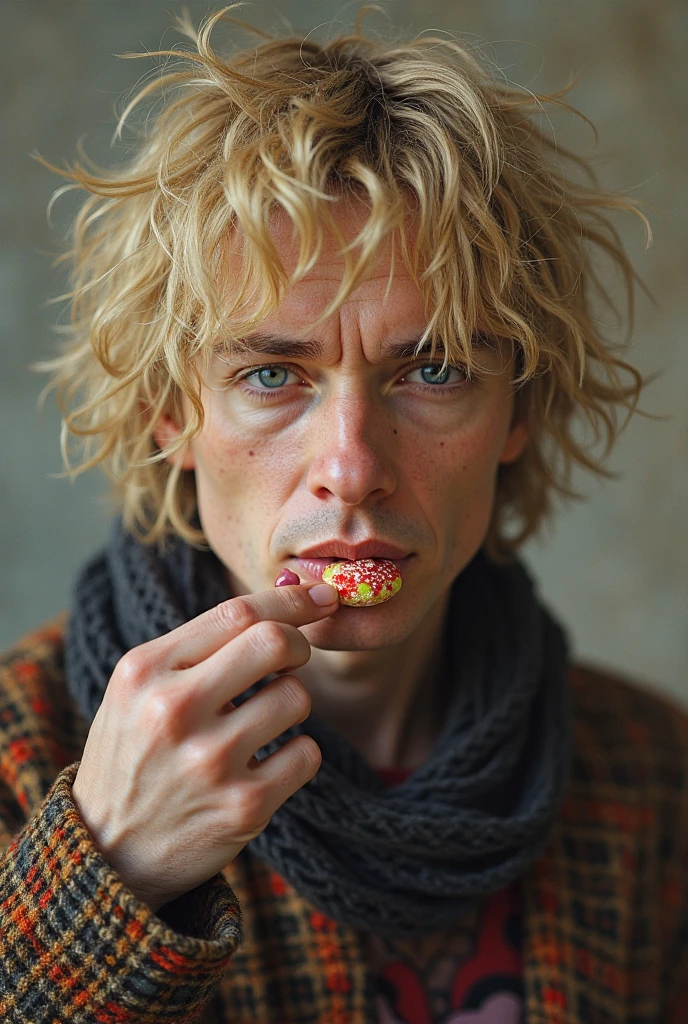 Syd Barrett with a candy in his hand ultrarealistic style 