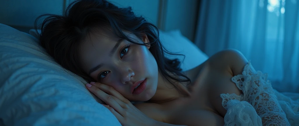 A woman with purple eyes in bed on her stomach, bathed in moonlight.