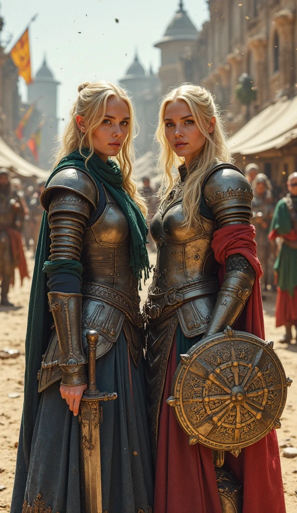 Practical,Burning village,night,Viking,1 Girl,blue eyes,Large Breasts,Full body portrait,Blonde Hair,Solitary,Braided Hair,angry,Charge,A sword with a pattern engraved on the right hand,Shield on left arm,Medium and close range photography