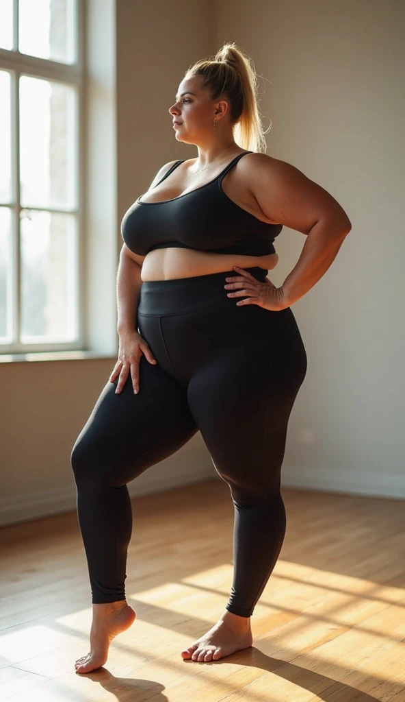 Large woman in sportswear with red leggings and a white shirt