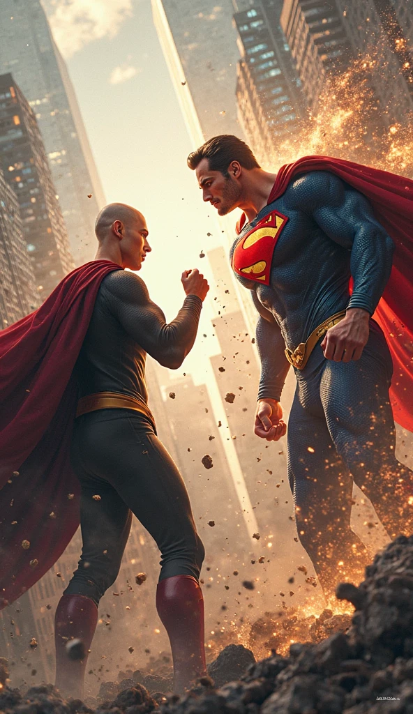 Fighting scene superman and saitama from one punchman. C4D rendering, super-realistic, super-detailed, unreal engine
