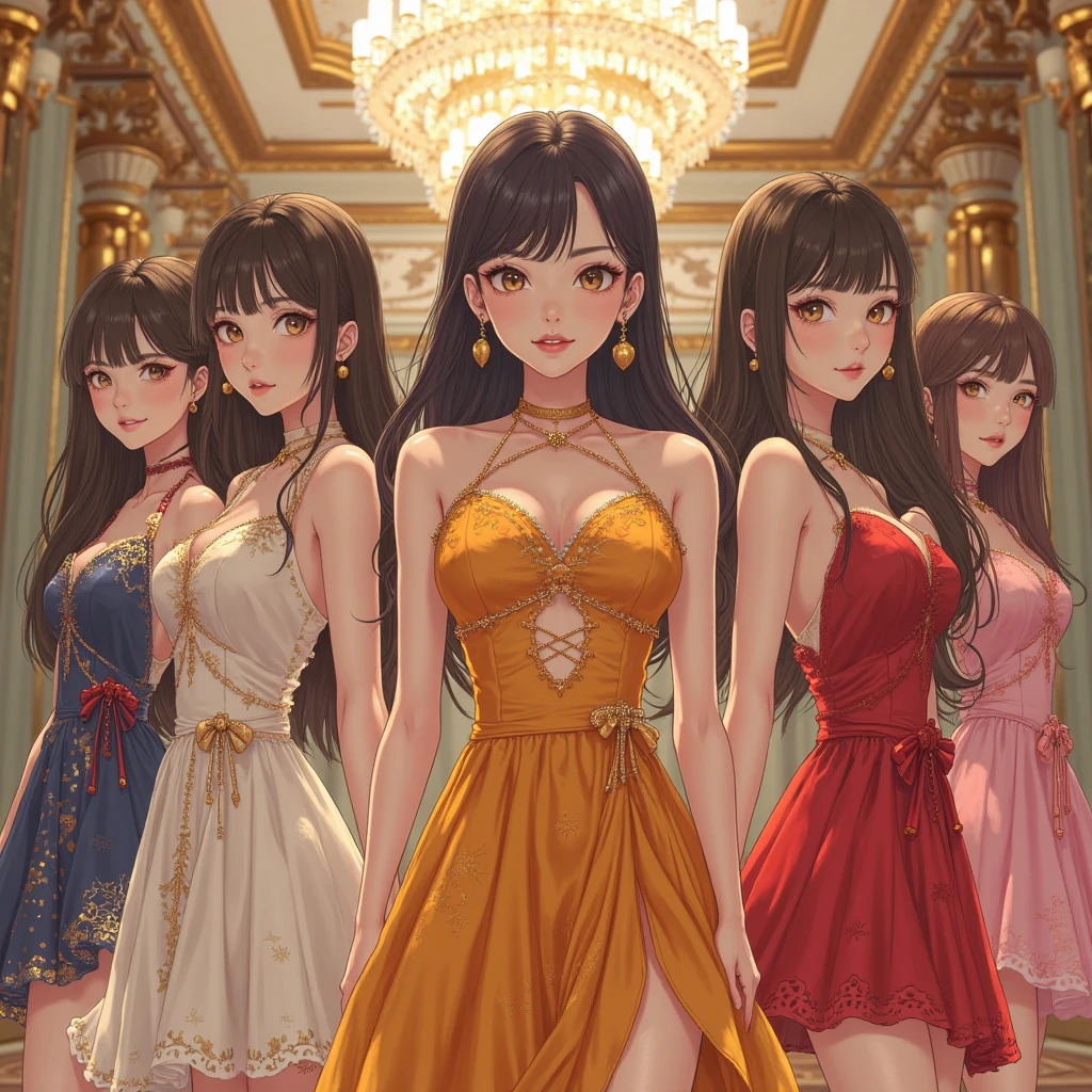 masterpiece, official, (4girls:1.4), (mature women lined up with their are sticking out towards viewer:1.4), (bodycon, microdress), (detailed pupils, perfect eyes:1.2), (extremely wrinkled shiny clothes reflecting light:1.2), glitter, sparkly golden, (hoop earrings), necklace, latex, gleaming skin, glamorous perfect female proportion, captivating smile, detailed surface texture, evil smile, (venue)