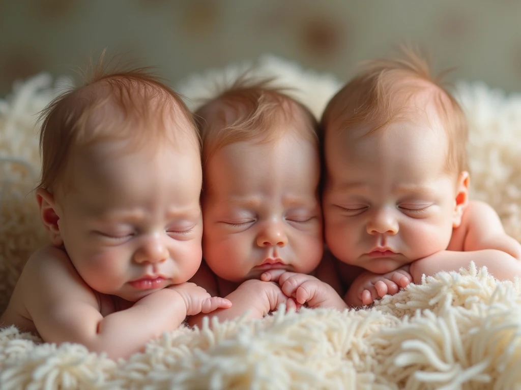 ((best quality) (detailed), perfect face, Newborn triplets sleep peacefully in a crib, a 2kg girl and two 3kg boys,  blondes, vibrant colors, love, peace, SMOOTHNESS, fragile