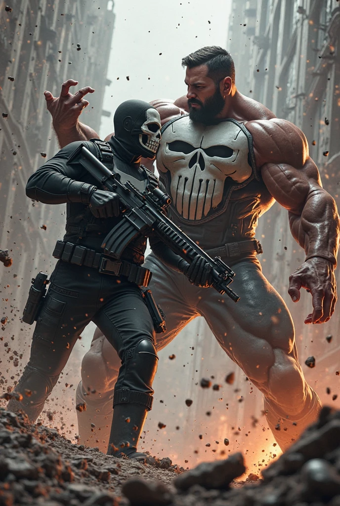 Hyperrealistic image of the furious bodybuilder vigilante hero, incorporating elements of Arkane punk and Cyber ​​rock styles, exudes a grunge tone in a cinematic aesthetic. Vibrant tetradic colors stand out against a black light spot, creating high-octane energy. This captivating image captures the Punisher in a dynamic and imposing way, punching a bad guy in the face, seamlessly combining different art styles. The details of the art are exquisite, showing the intense nature and complexity of the 8k character. Street alley scene full of rats and overturned trash cans, old papers and newspapers scattered on the floor. The high quality of the image is undeniable, drawing viewers into the intense world of the Punisher. Sinister atmosphere. Full body.HDR and RTX.