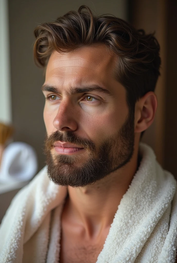 a close up of a man, wearing a towel, attractive male, handsome male, handsome and attractive, attractive man, lean man with light tan skin, well-groomed model, strong masculine features, handsome man, masculine and handsome, very attractive man with beard, hair floating covering chest, beautiful man, attractive and good looking