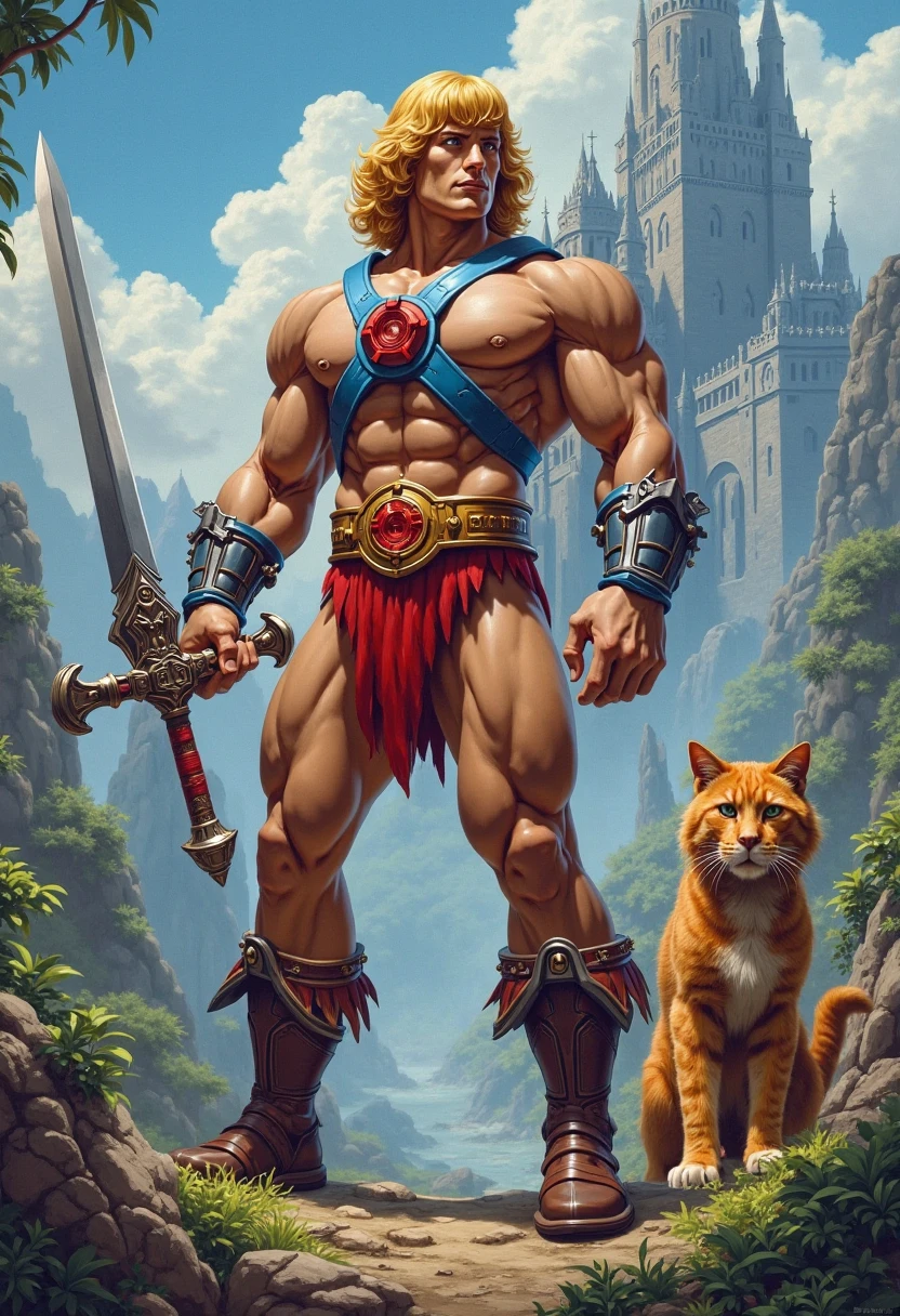 full body, (((1man:1.4))), ((masterpiece)), ((realistic)), ((highly detailed:1.3)), he-man, ((holding a sword)),  incredibly muscular man, handsome face, perfect eyes, clean shaven, ((blonde:1.4)) pageboy haircut, grey body harness, orange belt, brown briefs, orange boots topped with fur,  smiling, ((fantasy grassland setting)), castle in far distance, clouds, blue sky, <lora:80s_He-Man_MK2:0.7>