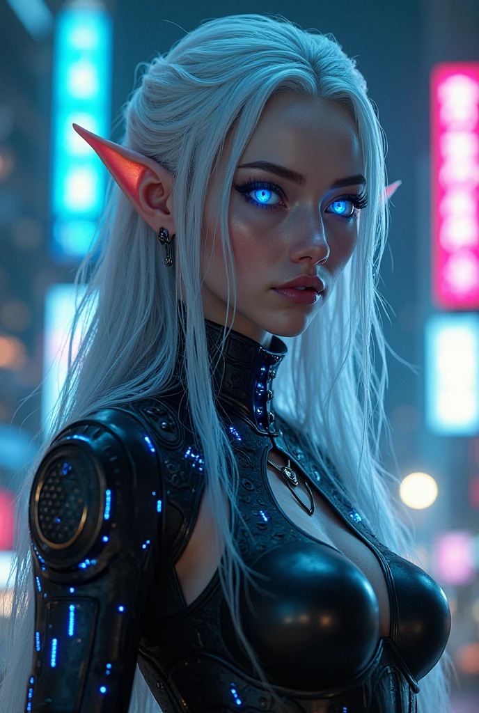 portrait of an Erotic busty Elf with a beautiful fit body in a revealing top and miniskirt outfit, the most beautiful Elf in the world, feminine facial features, underboob, sultry, flirty smile, smiling with lips parted, etherial skin, long hair with highlights, ultra deep v, seductive pose, filigree amillery sleeveless, futuristic, steampunk style, utopian, action pose, sexy pose, body parts, highly detailed, electronic filigree, luminism, cinematic, hauntingly surreal, gothic, highly detailed and intricate, rich deep colors, sf, intricate artwork masterpiece, golden ratio, intricate, epic, insanely detailed zbrush render, 8k artistic photography, photorealistic concept art, soft natural volumetric cinematic perfect light, ((cyberpunk)), mechcore, elfpunk red and white bold colors