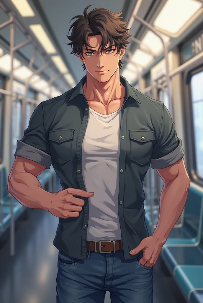 Realistic、Cute handsome man、Idol face、、Japanese、Slim body、Mash Hair、Torn and open shirt、Six-pack、A crowded train、Red Boxer Briefs、The old man next door puts his hand inside his briefs、Being touched all over the body、Old man grabs bulge in boxer briefs、Touched by the old man next door