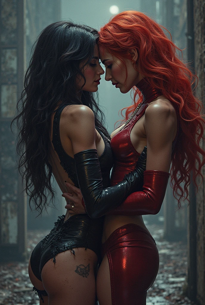 between 2 beautiful women passionate kissing, BREAK adult, (natasha romanoff, black unzipped PVC bodysuit, long flowing auburn hair:1.4), BREAK adult (scarlet witch, red latex corset, wet skin, brown hair:1.5) detailed facial features, detailed skin, detailed clothing, dynamic poses, intense expressions, raining wet urban city background, neon lights, cinematic lighting, vibrant colors, high contrast, gritty, street art style, hyper realistic, 8k, best quality, masterpiece