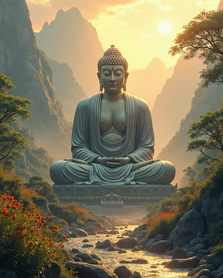 buddha statue carved on rock caves of mountain overlooking a mountain valley, an ultrafine detailed painting inspired by Christophe Vacher, zbrush central contest winner, digital art, marc adamus, buddhism, the buddha, buddha, buddhist, hildebrandt, meditation, monk meditate, meditating, kerem beyit, sakimi, peaceful expression, zen méditation cyberpunk cloudy mountain valley. Clouds bellow the valley, side 3/4 th profile, sunset