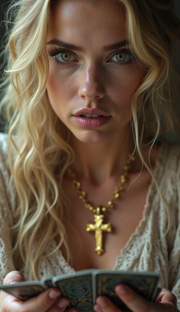 very drunk beautiful blond girl in a bar, extra long hair, no top, has a big cross necklace, she is all very sweaty, closed eyes, she is holding vodka, cheeks are red, and she looks very tired and sleepy but has a sexy lip bite