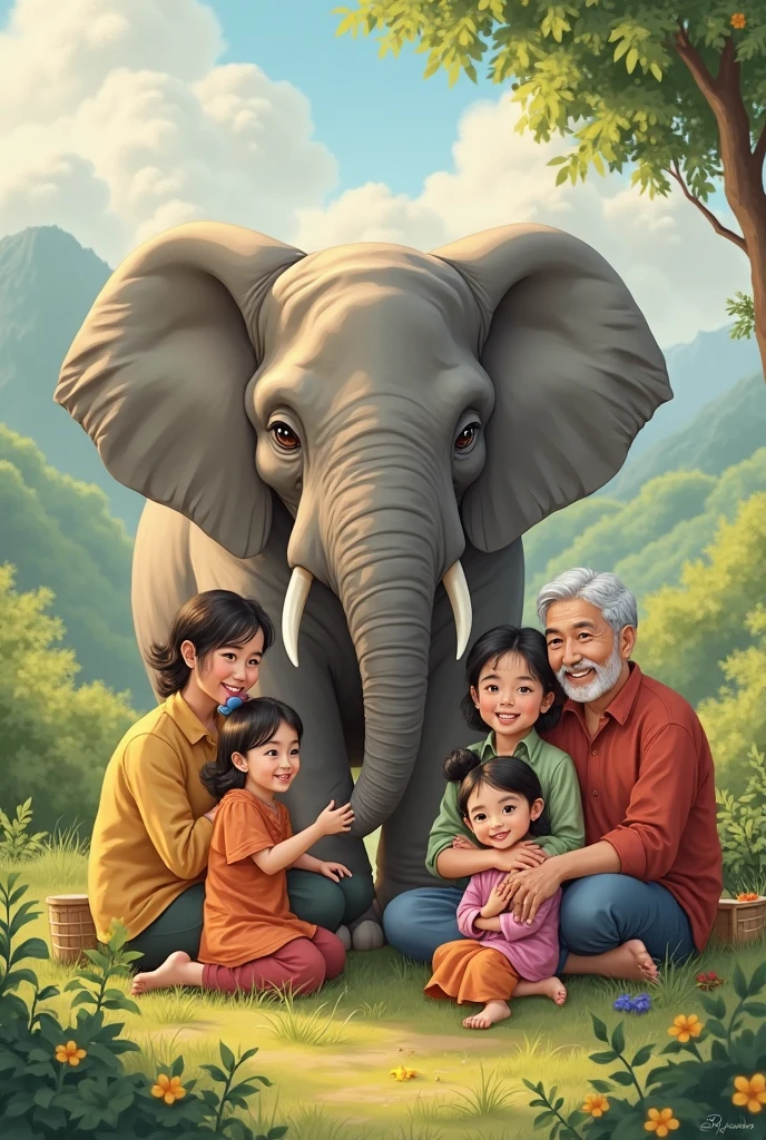 Grandpaa who is wearing specs along with 4 children (3 boys and 1 girl with an elephant face)