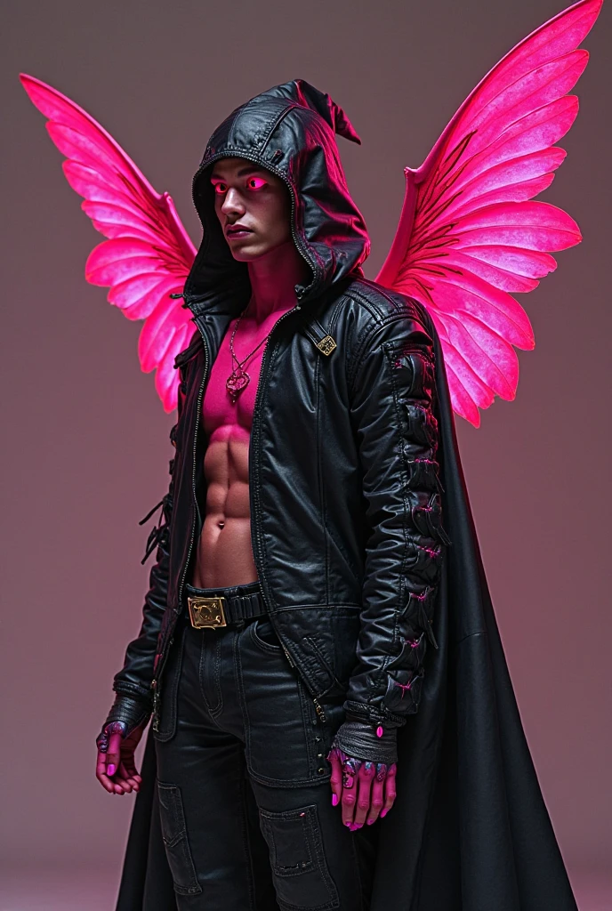 Photo of a man wearing cupid costume, (pink hair), wings, flying, halo, (pink toga robe), armor, (surrounded by clouds), ethereal, (seductive smile:0.6), jewelry, heart, harness, realistic, masterpiece, intricate details, detailed background, depth of field