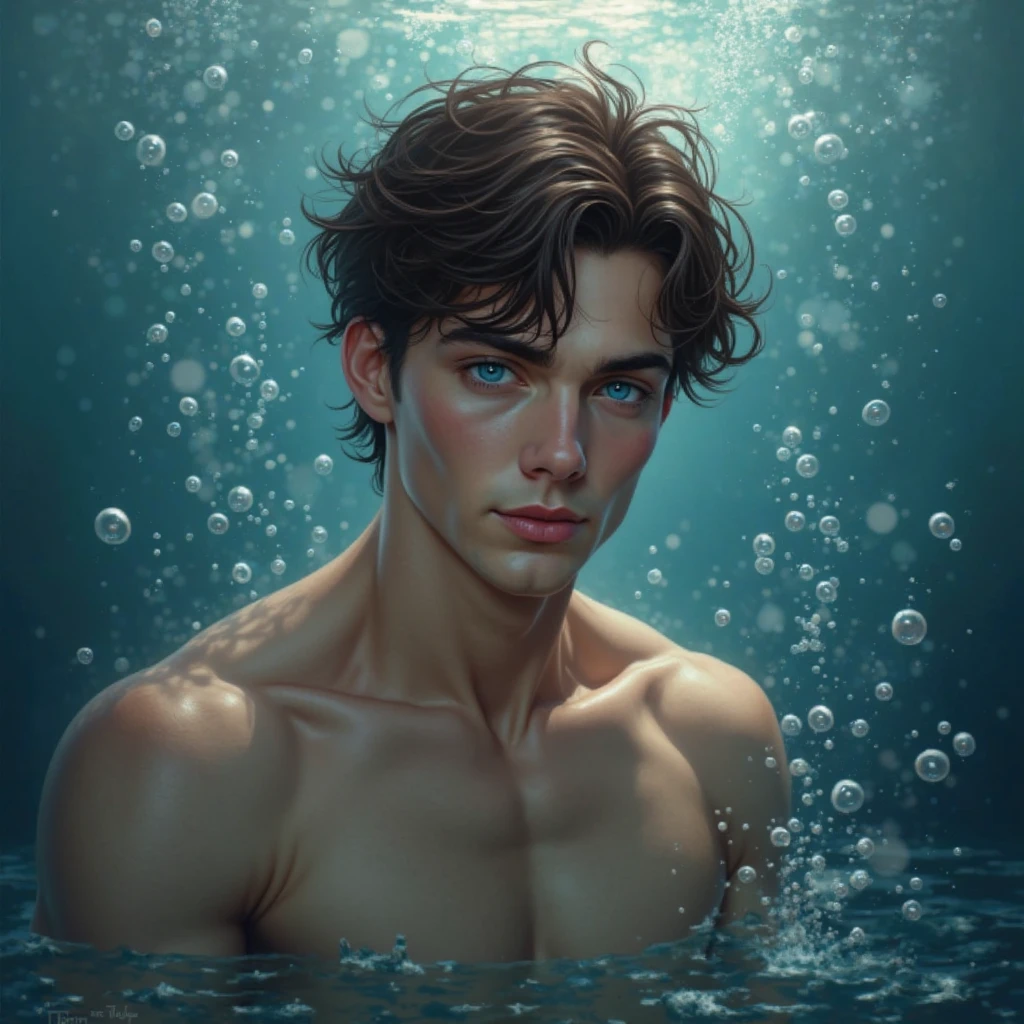 Portrait drawing. Underwater man with short cut brown hair pulled back, green eyes and a hooked nose. He looks relaxed, his eyebrows are straight. He has a short mustache and goatee. He is wielding waterbending magic. The suroundings is dark blue sea waters, bubbles.