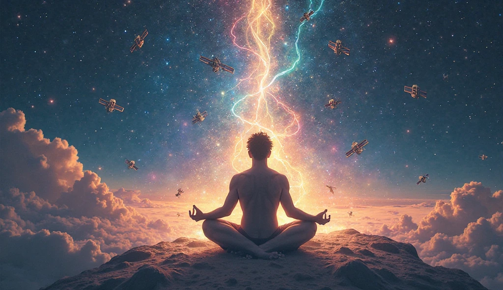 image of a man, universe, galaxy, floating, with items about spirituality and back