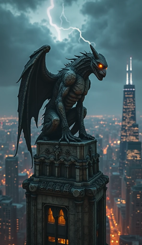 shot from below, stone gargoyle, stone skin, wings spread, monster sitting on the ledge of a skyscraper, very high, night, darkness, horizon line, thick clouds, gouache painting, artwork, gray ashen atmosphere, aestheticism, hdr, incredibly high intricate detail