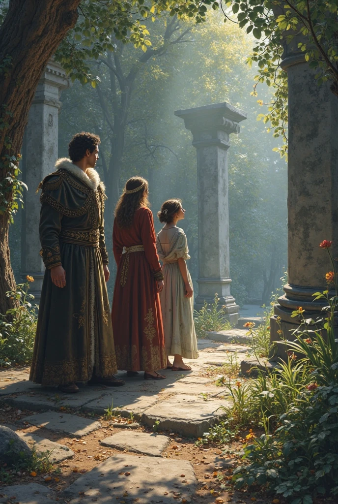 A vivid depiction of the wife of Caim revealing her true identity as more than just a silent figure in history. The scene captures her standing beside Caim, both of them surrounded by a symbolic light that highlights her crucial role in their journey. The background shows their children, who are growing strong and determined, symbolizing the legacy of faith and hope they are building. The atmosphere is one of revelation and redemption, with subtle elements like rays of light or symbolic motifs indicating the uncovering of long-hidden truths.
