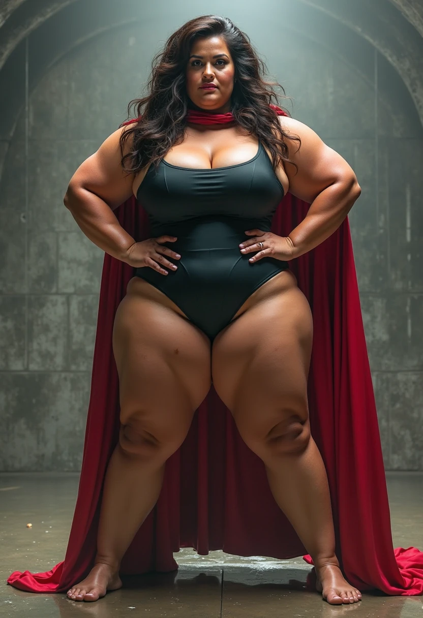 foto de uma superheroina, standing, (pink skin tone), staring overhead, eye contact, (mouth wide open: 1,0), chubby body, Waist slender, Female One, huge and round breasts, wearing blue and red strapless leotard, (dark haired:1.2 ), venat, beautiful face, fleshy lips, Slender Face, protruding cheekbones, brawny, No Mohrbacher artistic style, in style of peter mohrbacher. (Thick thighs:1.2), (full body:1.5), (body shot:1.5)