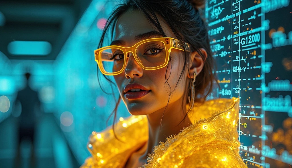 Share: a young woman surrounded by a double layer of ((quintuple-intensity orange neon glows)), thoughtful expression, illuminated by ((pulsating vibrant orange and teal neon colors)), dynamic yet serene clear atmosphere